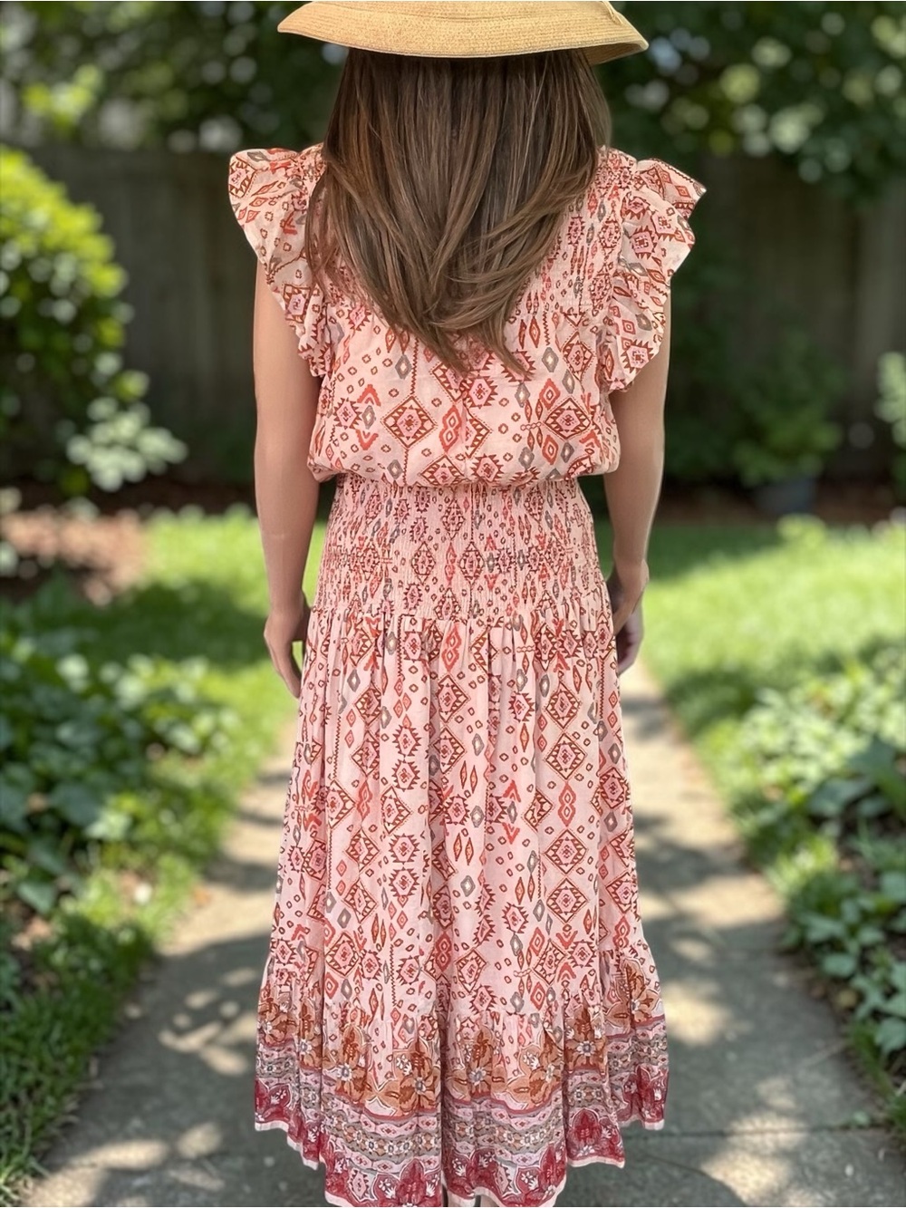 AQUA Boho Smocked Cotton Maxi Dress XL Pink Geometric Flutter Sleeve - Picture 7 of 10